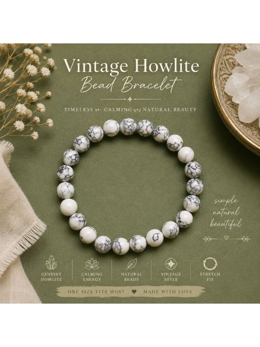 Vintage White Howlite Bead Bracelet Minimalist Boho Stretch Crystal Jewelry